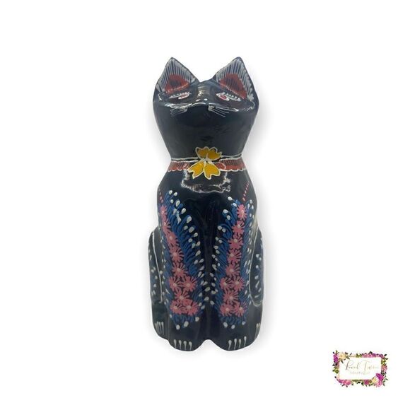 Vintage Lacquer Black Cat Figurine Hand Painted - Picture 5 of 12